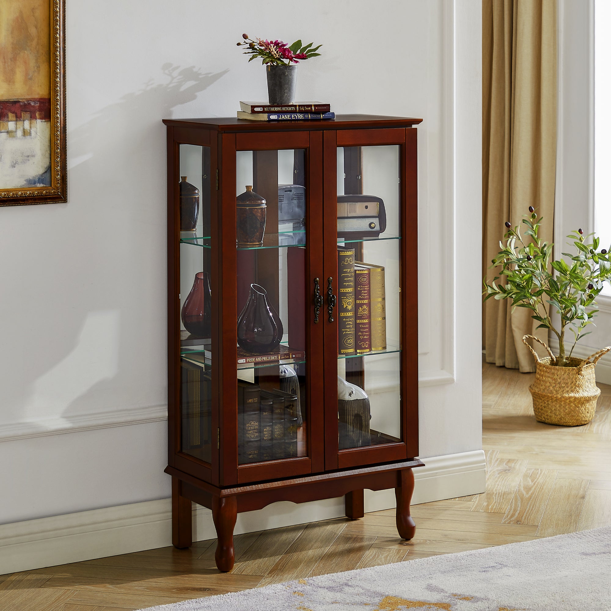 Lighted Cherry Curio Cabinet with Adjustable Shelves