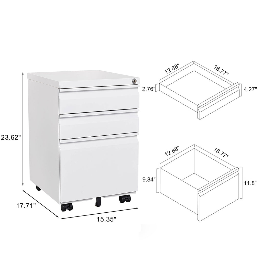 3-Drawer Mobile Filing Cabinet with Lock in White