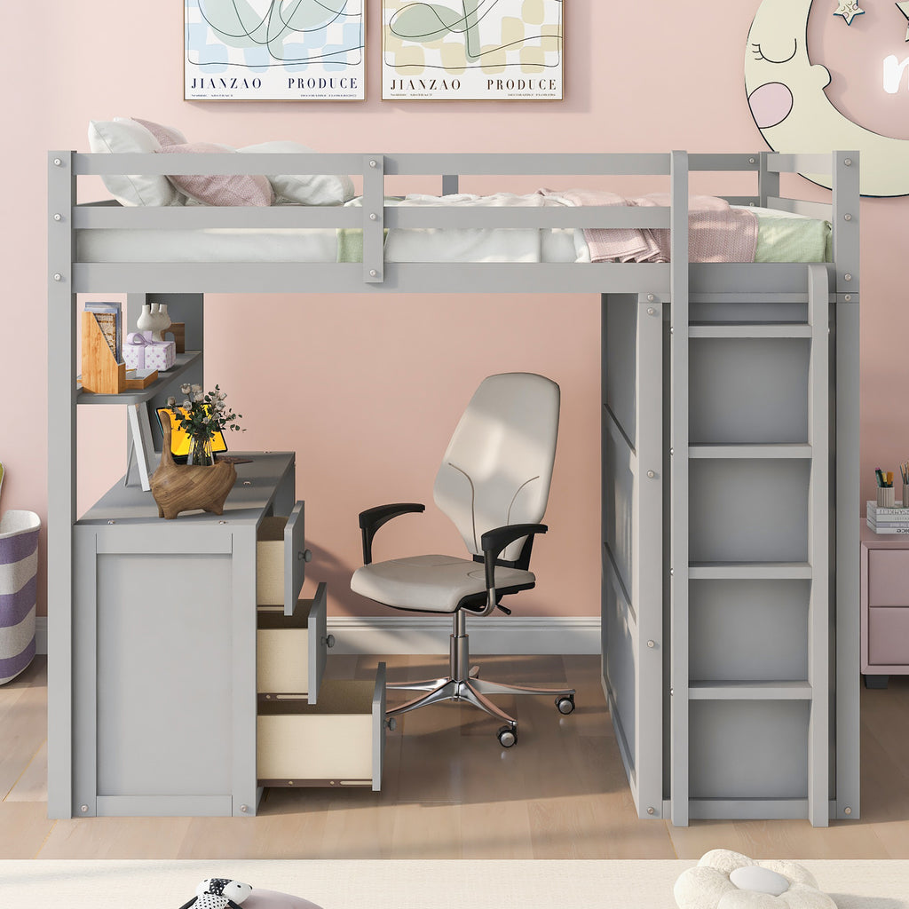 Full Size Loft Bed with Drawers, Desk, and Wardrobe - Gray