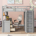 Full Size Loft Bed with Drawers, Desk, and Wardrobe - Gray