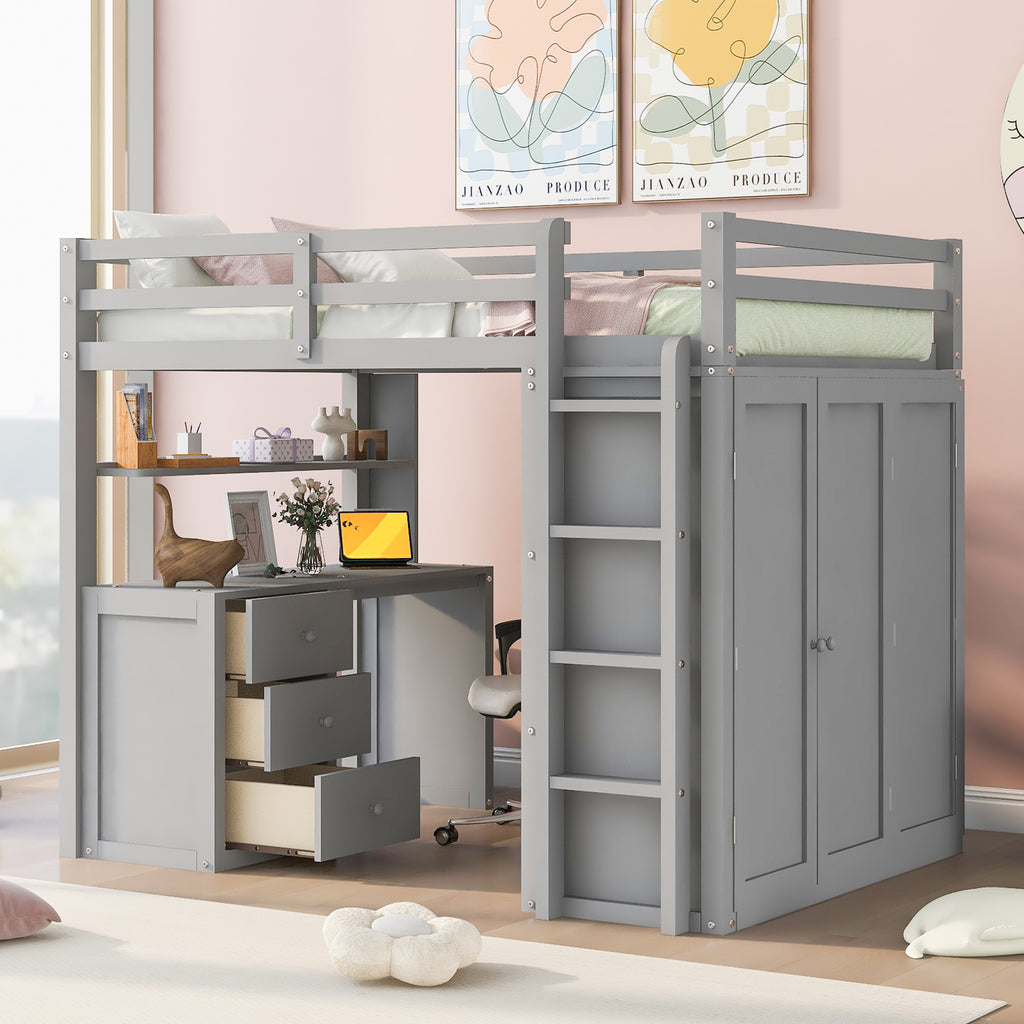 Full Size Loft Bed with Drawers, Desk, and Wardrobe - Gray