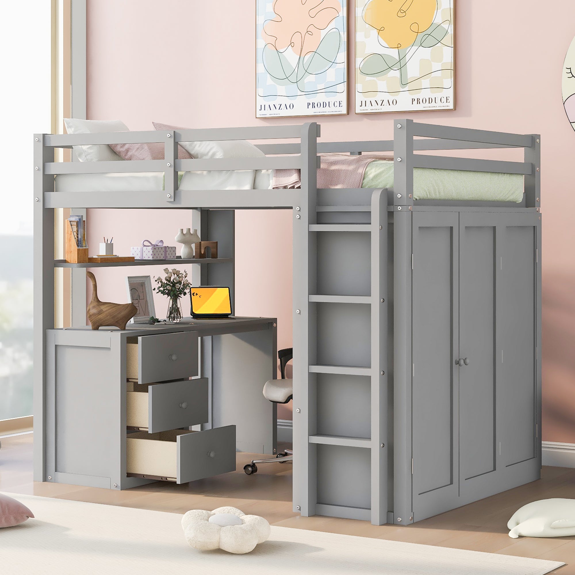 Full Size Loft Bed with Drawers, Desk, and Wardrobe - Gray