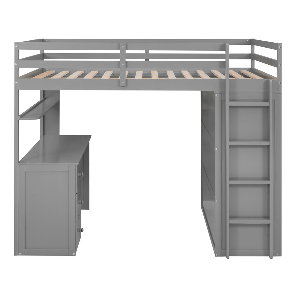 Full Size Loft Bed with Drawers, Desk, and Wardrobe - Gray