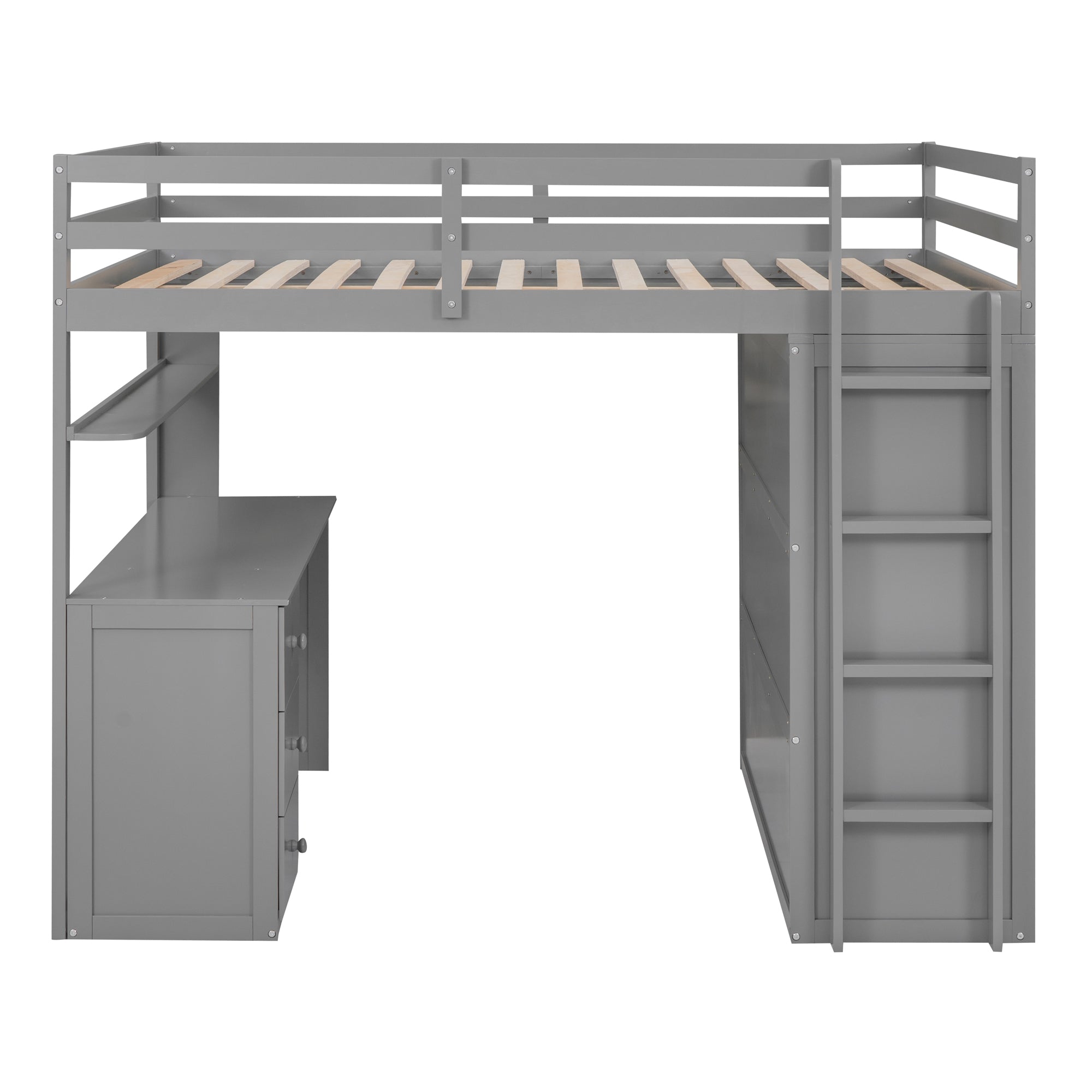 Full Size Loft Bed with Drawers, Desk, and Wardrobe - Gray