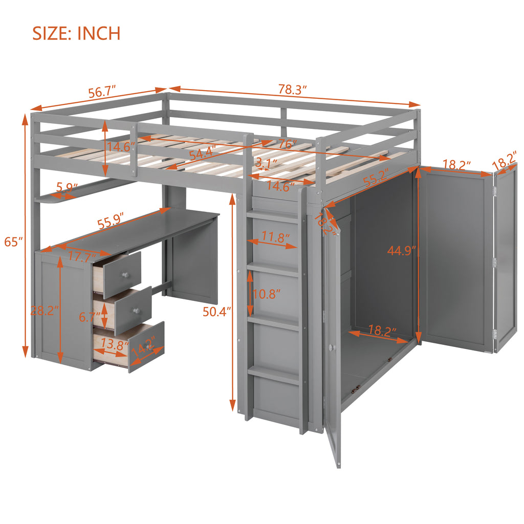Full Size Loft Bed with Drawers, Desk, and Wardrobe - Gray