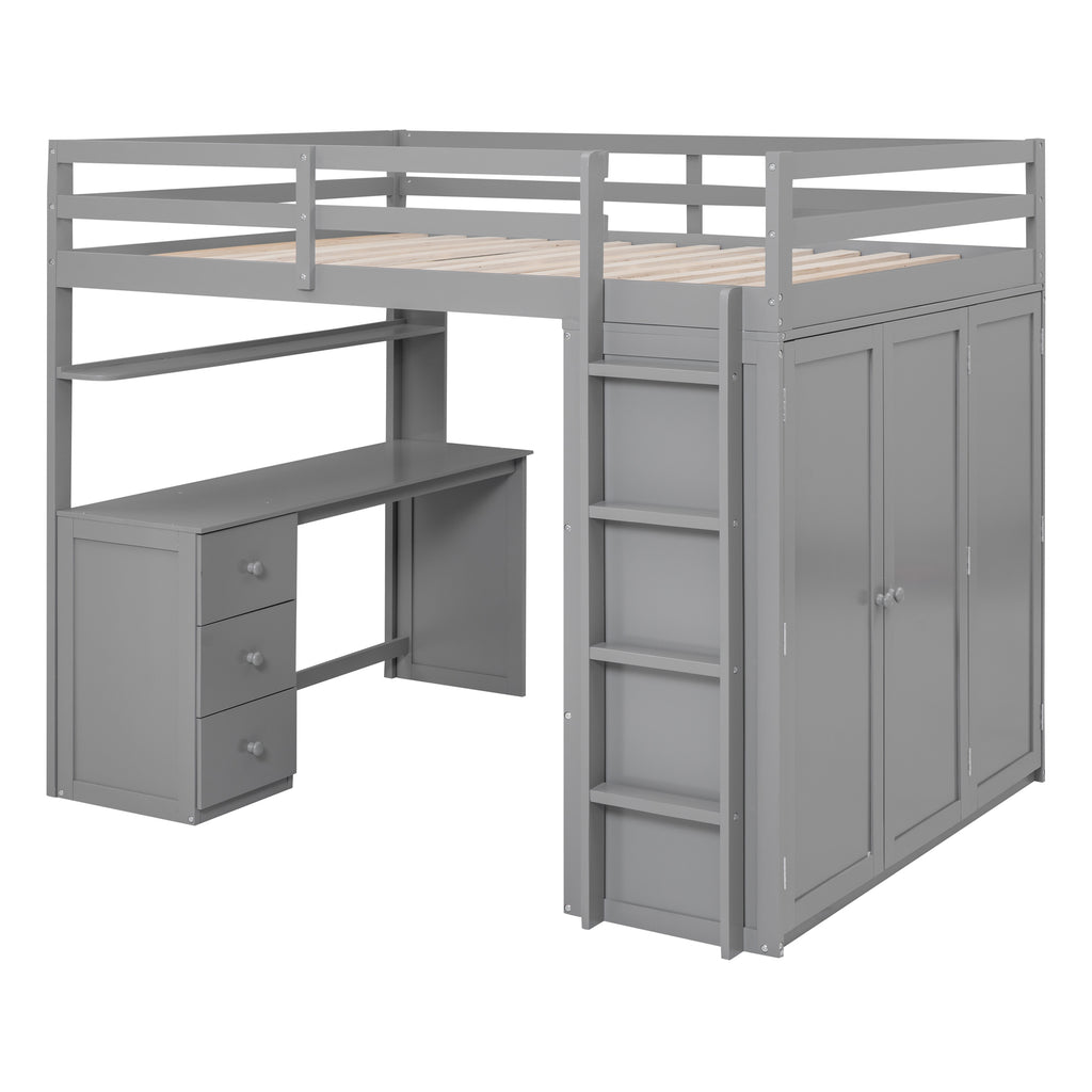 Full Size Loft Bed with Drawers, Desk, and Wardrobe - Gray