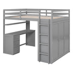 Full Size Loft Bed with Drawers, Desk, and Wardrobe - Gray