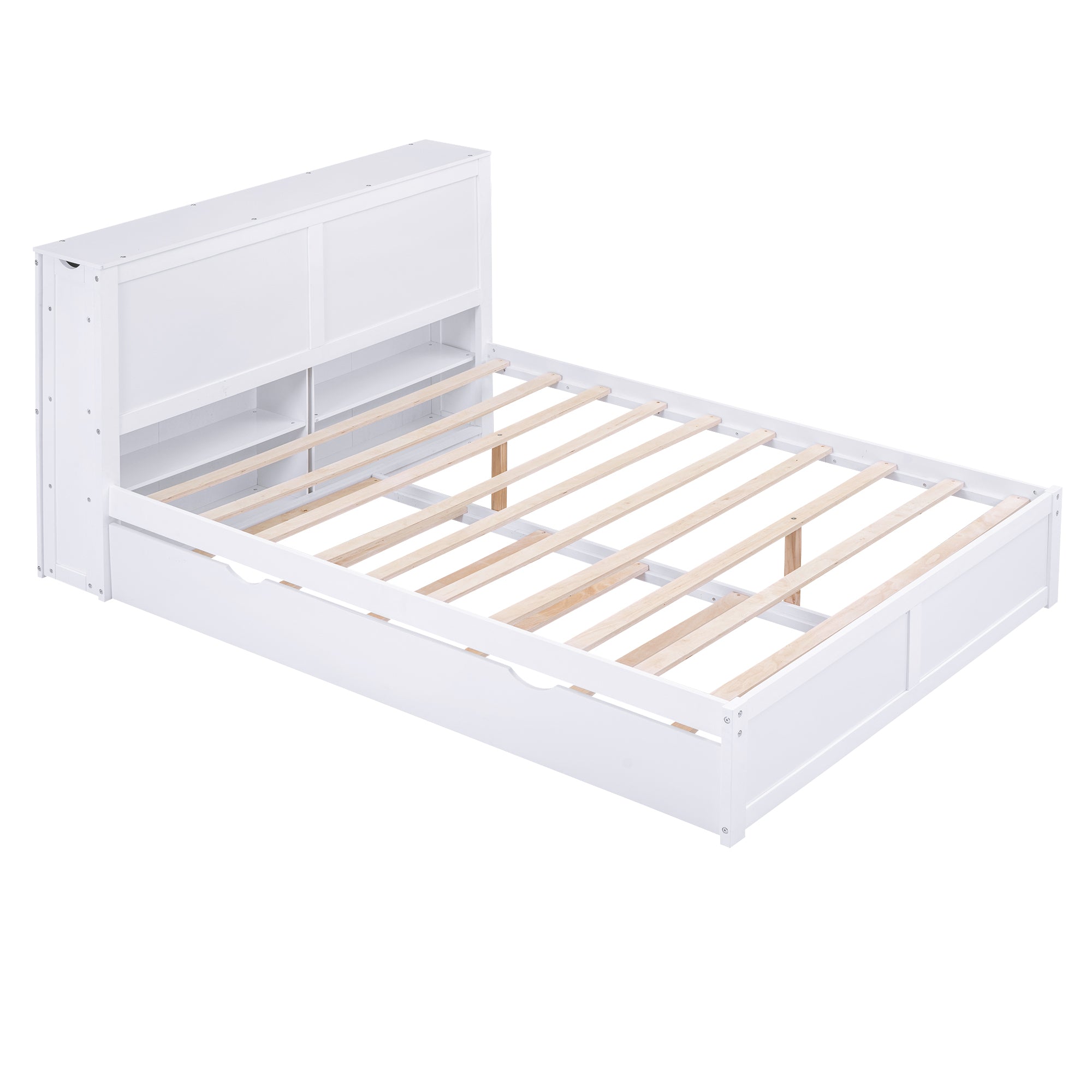 Queen Size Storage Platform Bed with Pull Out Shelves and Twin XL Size Trundle