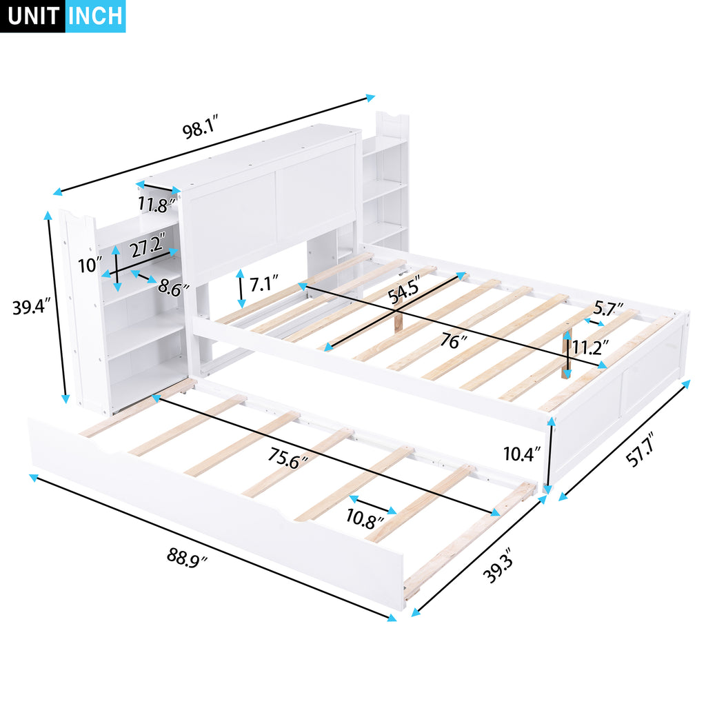 Full Size Storage Platform Bed with Pull Out Shelves and Twin Size Trundle