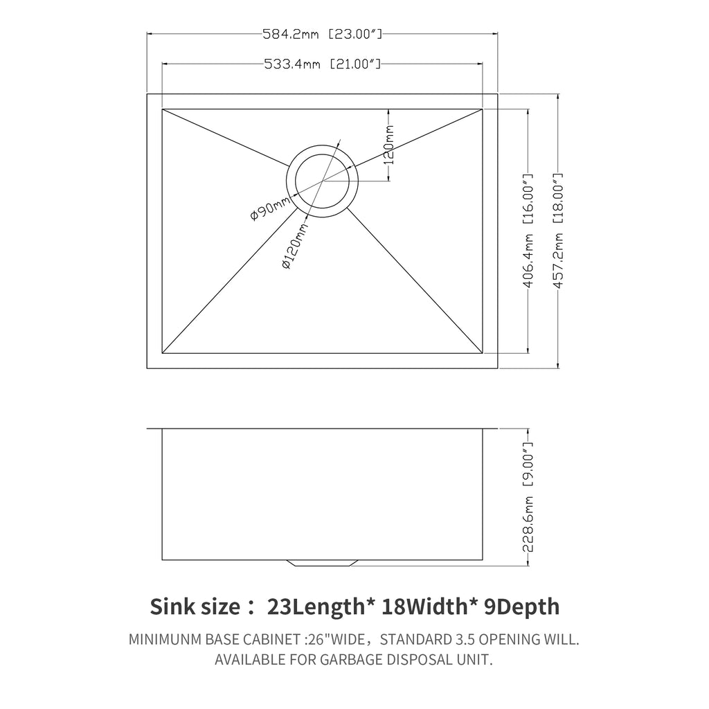 23 x 18 x 9 Inch Undermount Sink - Single Bowl Stainless Steel Kitchen Sink