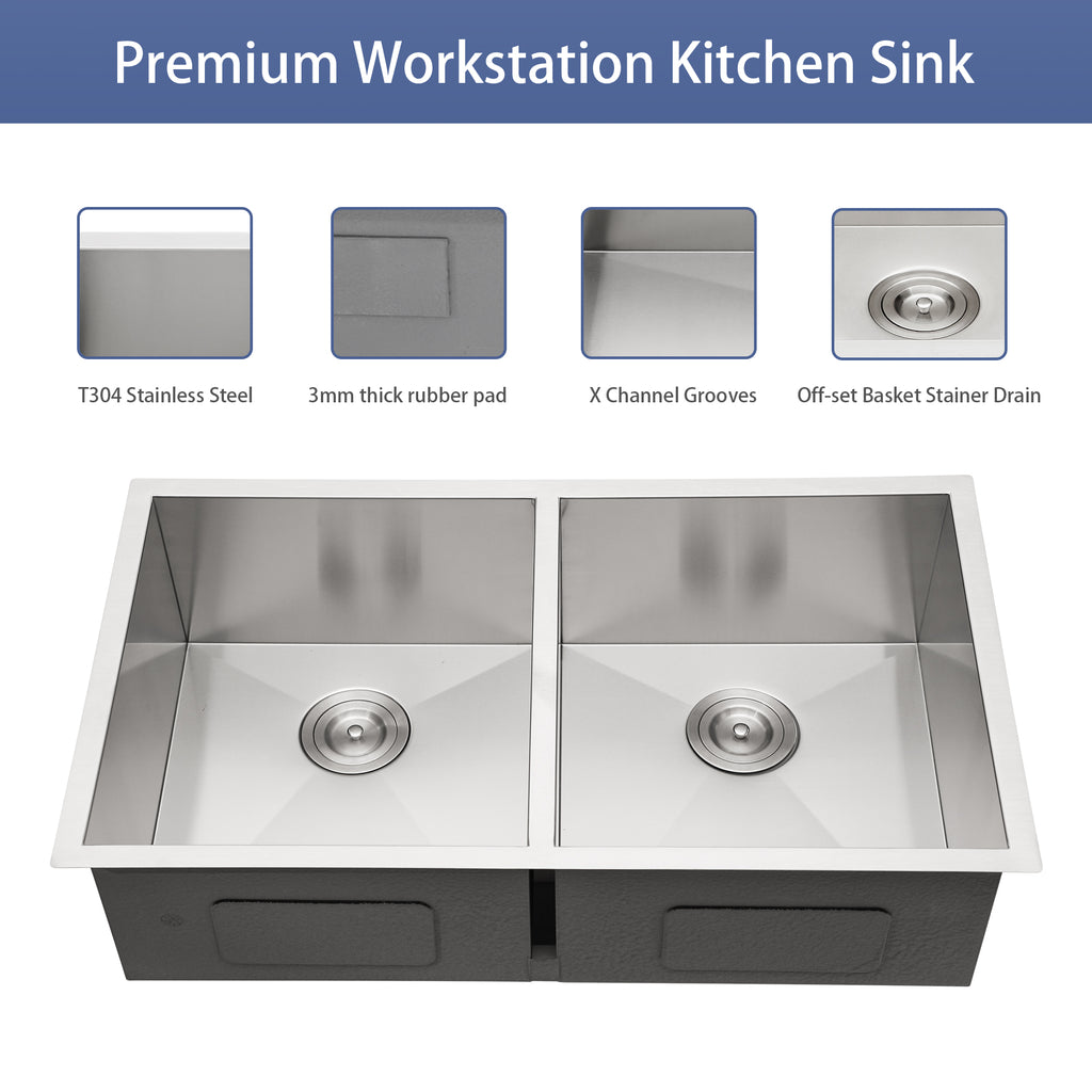 Undermount Double Bowl Kitchen Sink (50/50) in 16 Gauge Stainless Steel