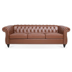 Brown PU Rolled Arm Chesterfield Three Seater Sofa