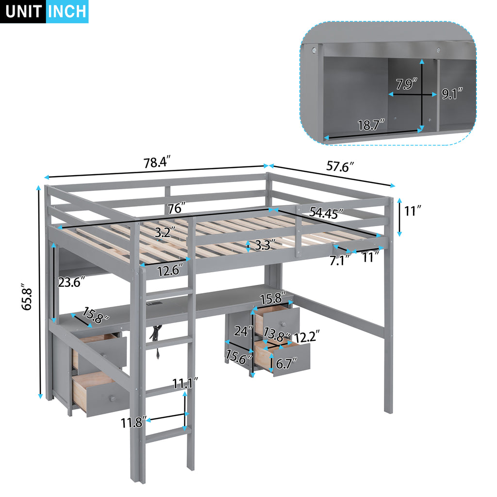 Full Size Loft Bed with Desk, Cabinets, Drawers and Bedside Tray, Charging Station