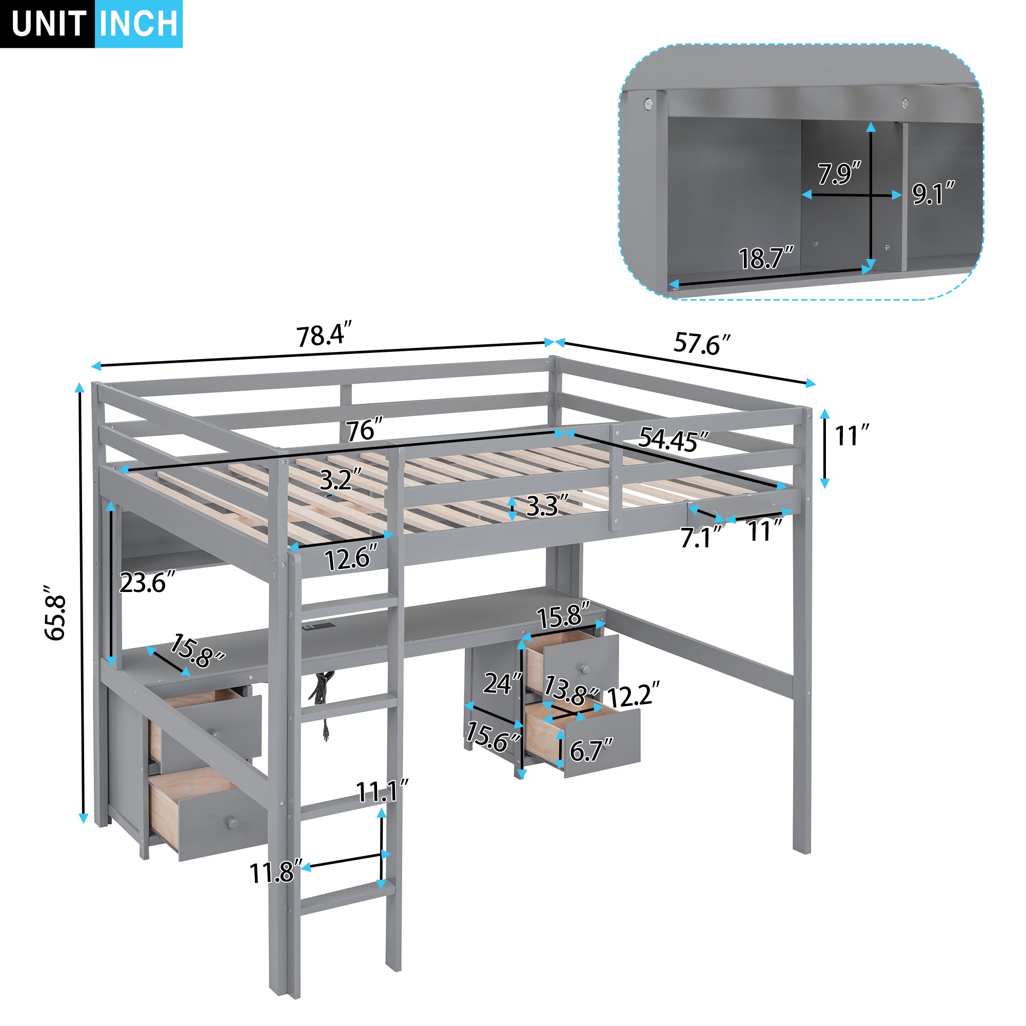 Full Size Loft Bed with Desk, Cabinets, Drawers and Bedside Tray, Charging Station