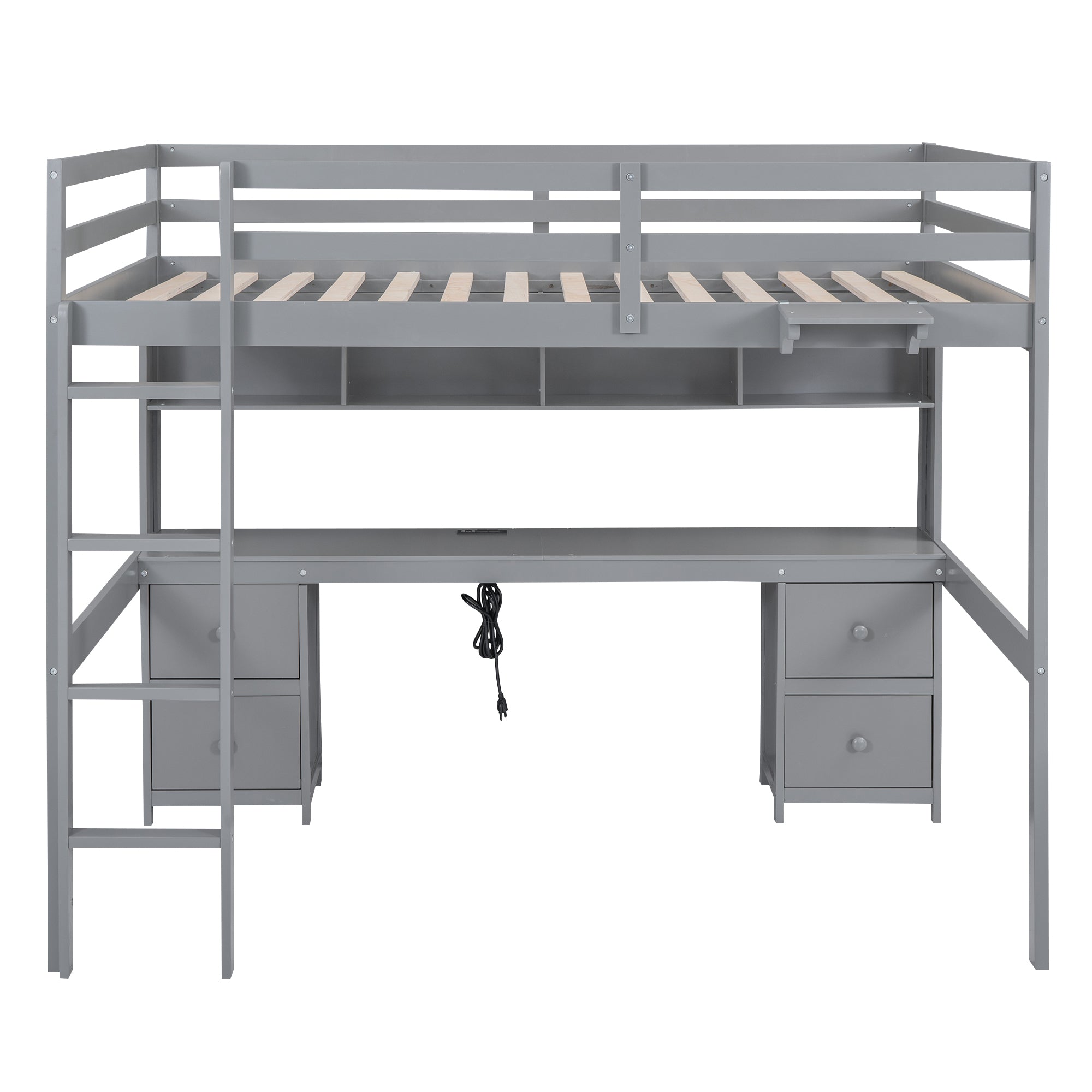 Full Size Loft Bed with Desk, Cabinets, Drawers and Bedside Tray, Charging Station