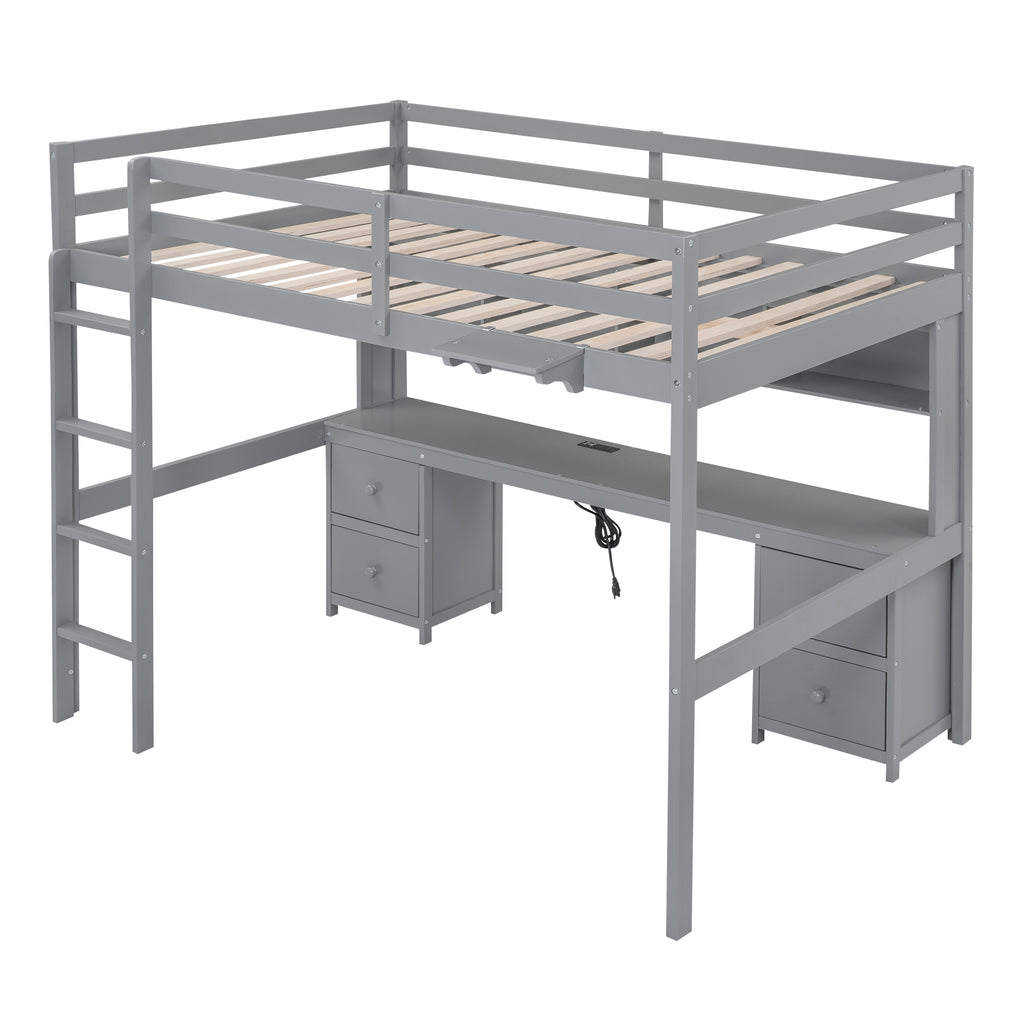 Full Size Loft Bed with Desk, Cabinets, Drawers and Bedside Tray, Charging Station