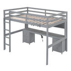 Full Size Loft Bed with Desk, Cabinets, Drawers and Bedside Tray, Charging Station