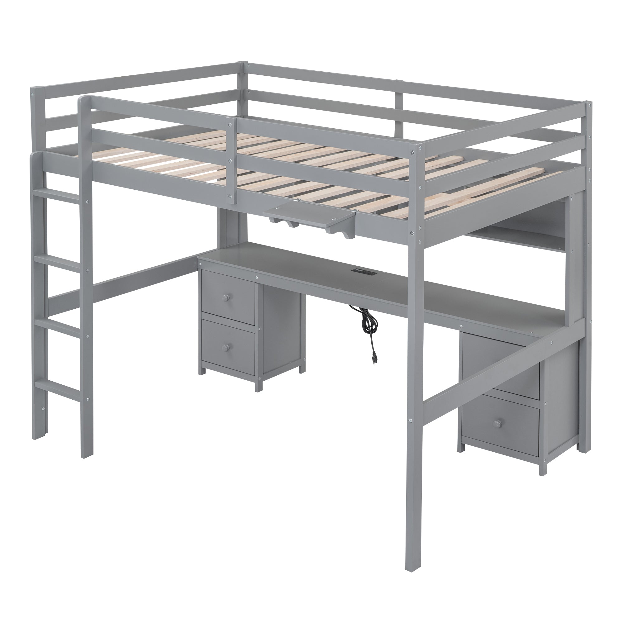 Full Size Loft Bed with Desk, Cabinets, Drawers and Bedside Tray, Charging Station