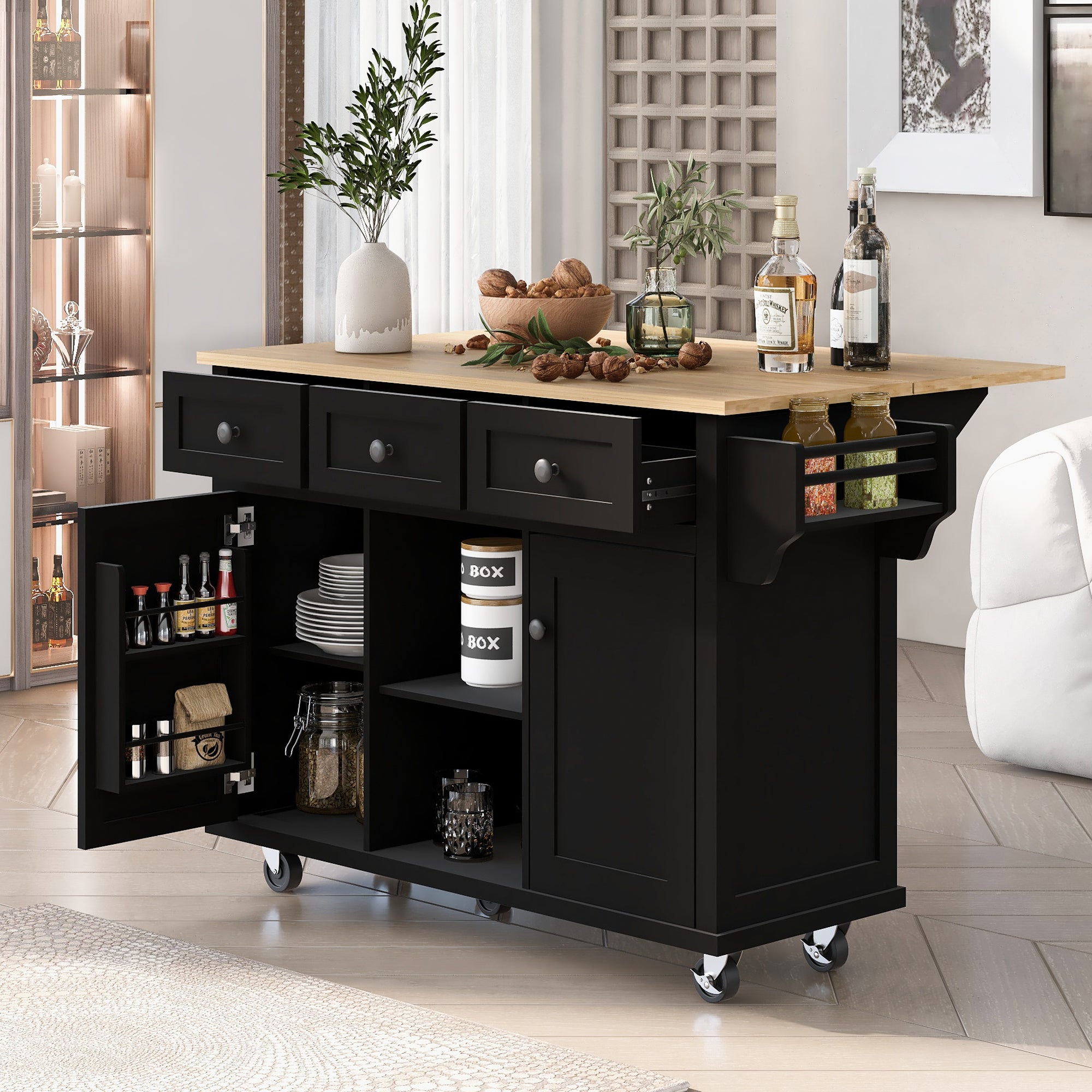Kitchen Cart with Rubber Wood Drop-Leaf Countertop