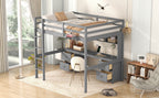 Full Size Loft Bed with Desk, Cabinets, Drawers and Bedside Tray, Charging Station