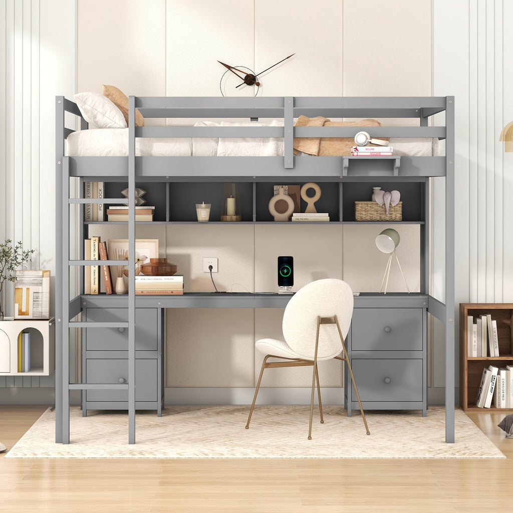 Full Size Loft Bed with Desk, Cabinets, Drawers and Bedside Tray, Charging Station