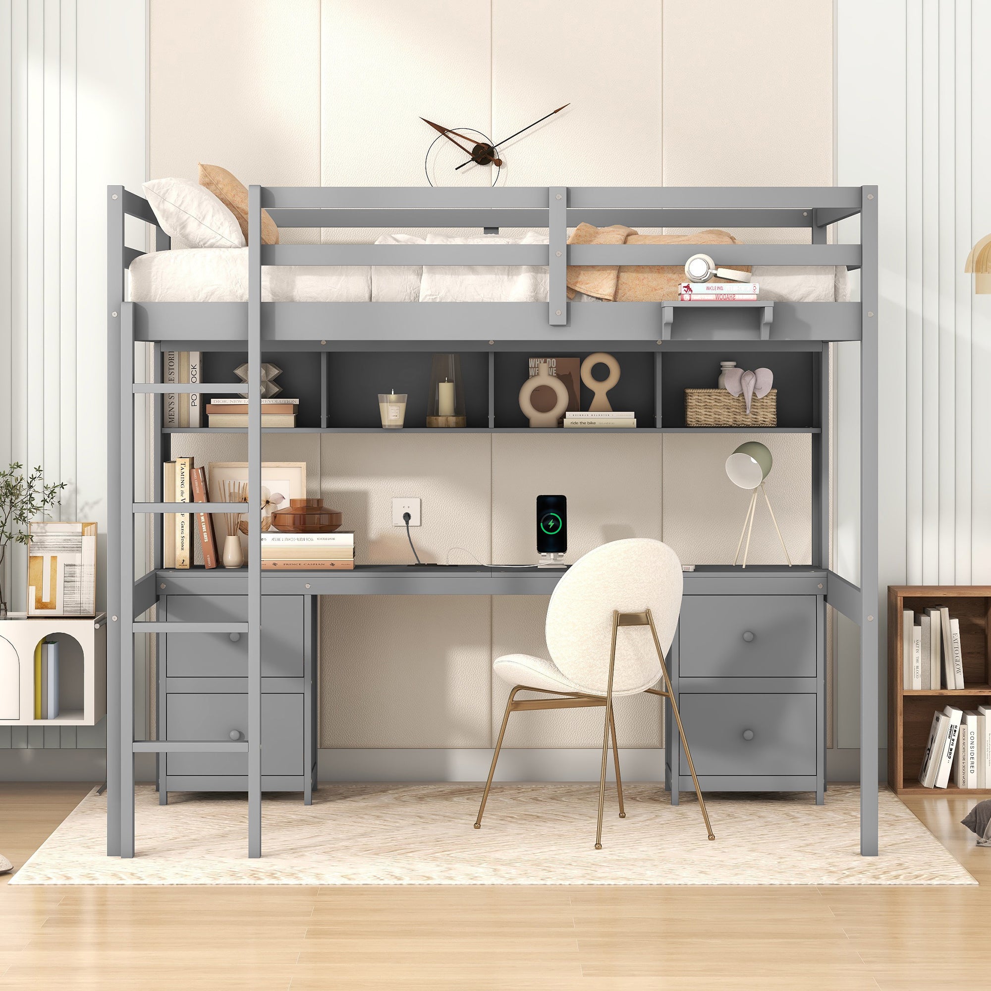 Full Size Loft Bed with Desk, Cabinets, Drawers and Bedside Tray, Charging Station