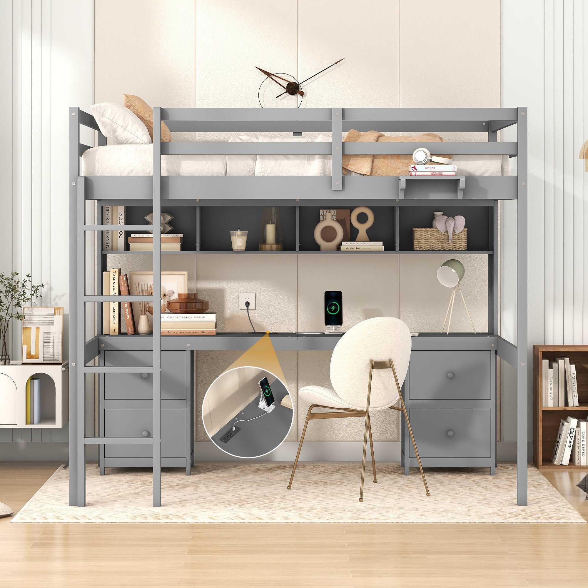 Full Size Loft Bed with Desk, Cabinets, Drawers and Bedside Tray, Charging Station