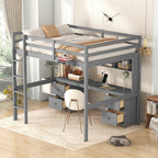 Full Size Loft Bed with Desk, Cabinets, Drawers and Bedside Tray, Charging Station