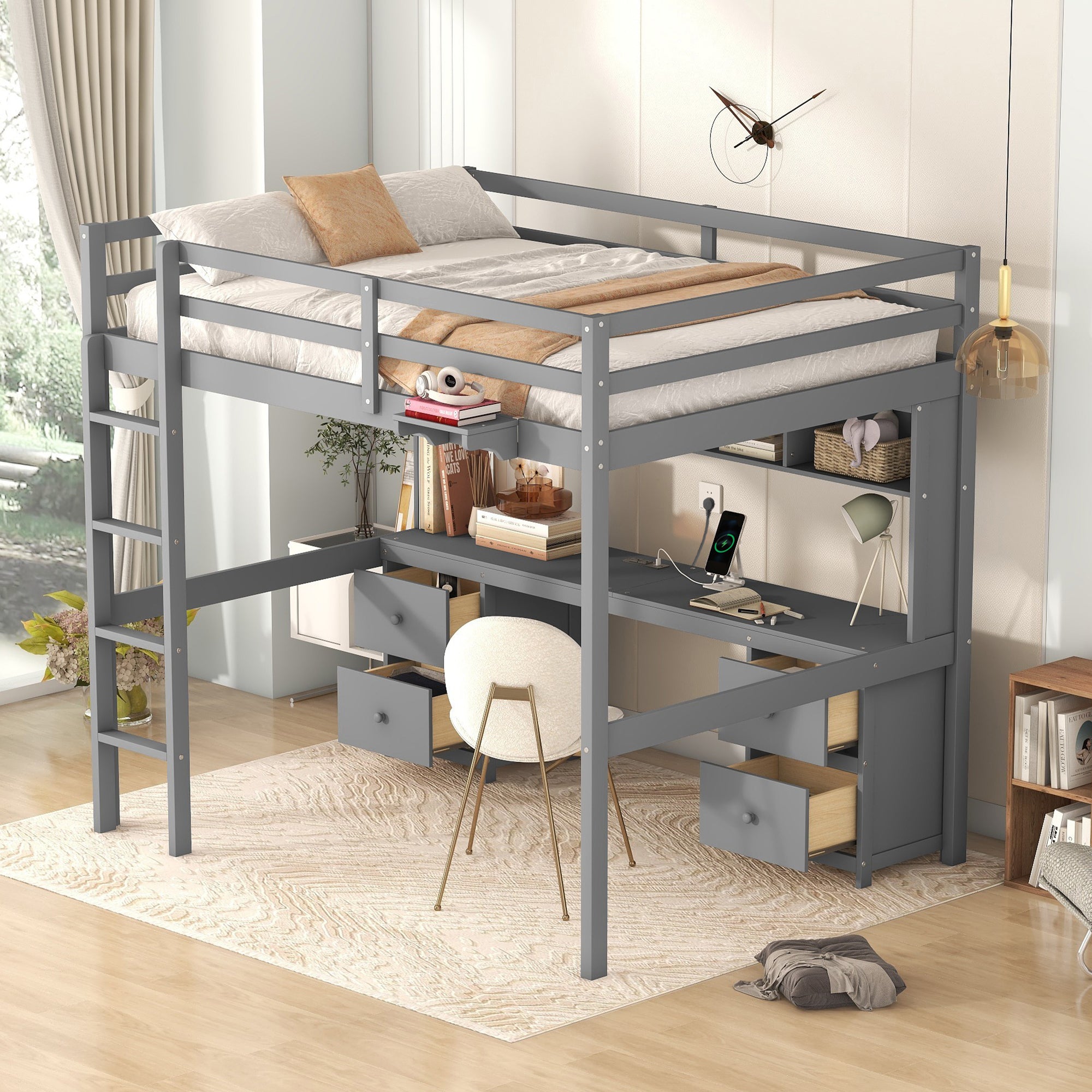 Full Size Loft Bed with Desk, Cabinets, Drawers and Bedside Tray, Charging Station