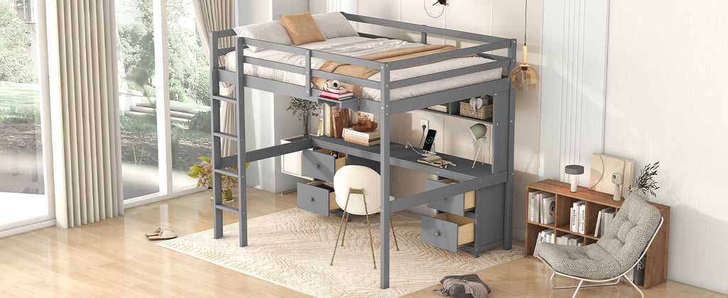 Full Size Loft Bed with Desk, Cabinets, Drawers and Bedside Tray, Charging Station
