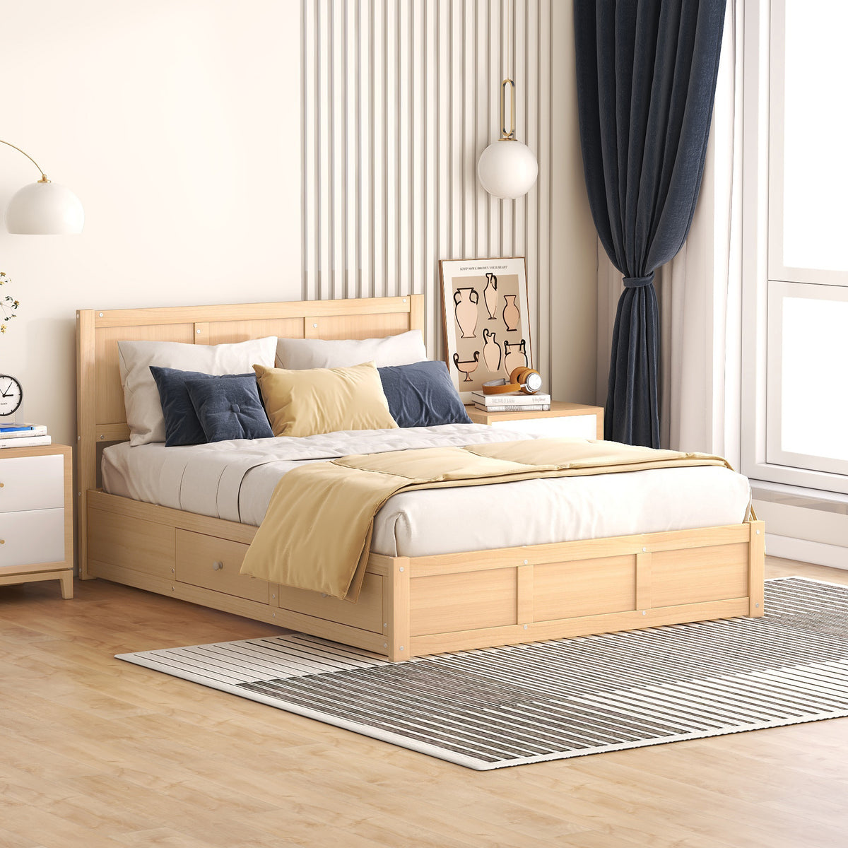 Full Size Wood Platform Bed with Underneath Storage and 2 Drawers
