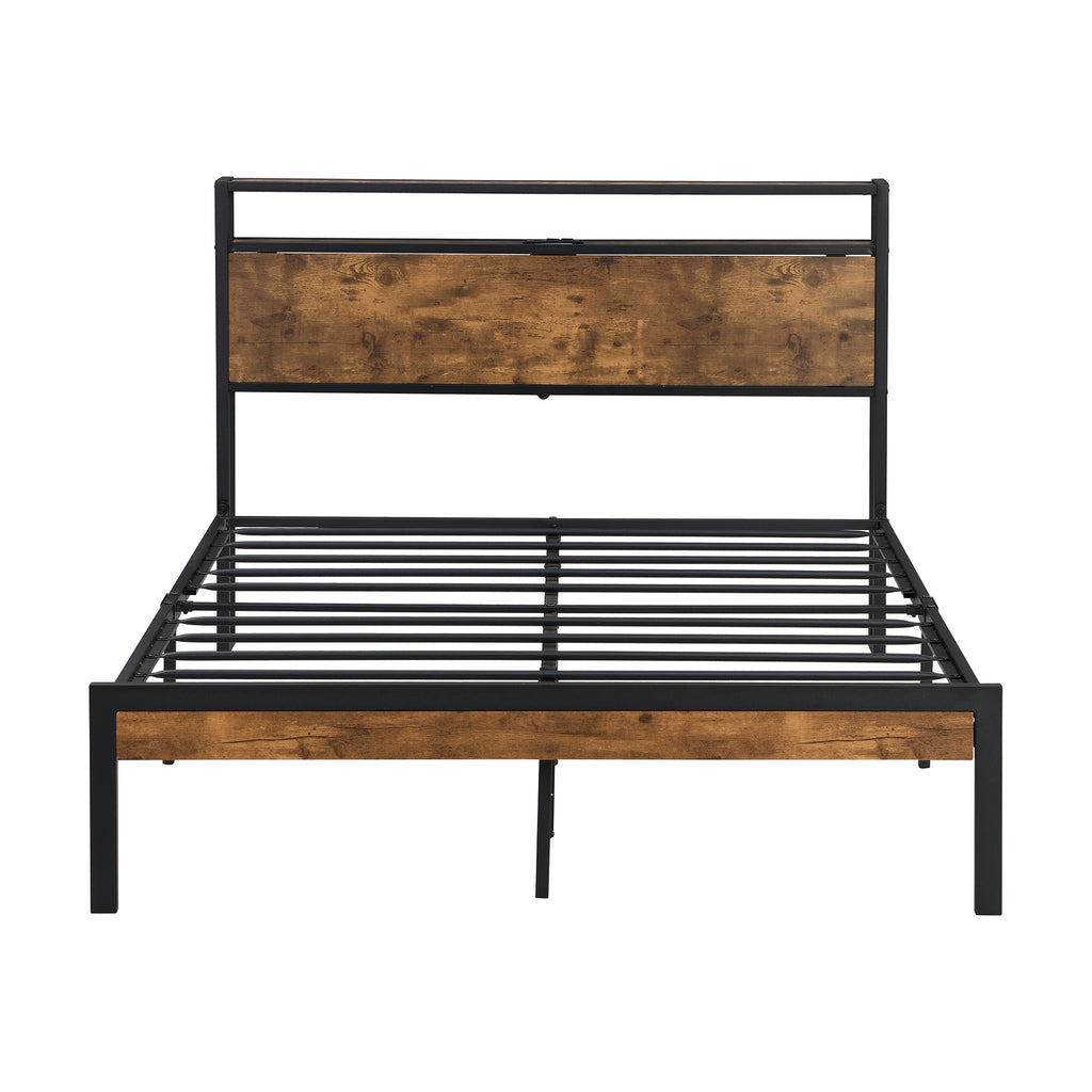 King Size Metal Platform Bed Frame with Wooden Headboard