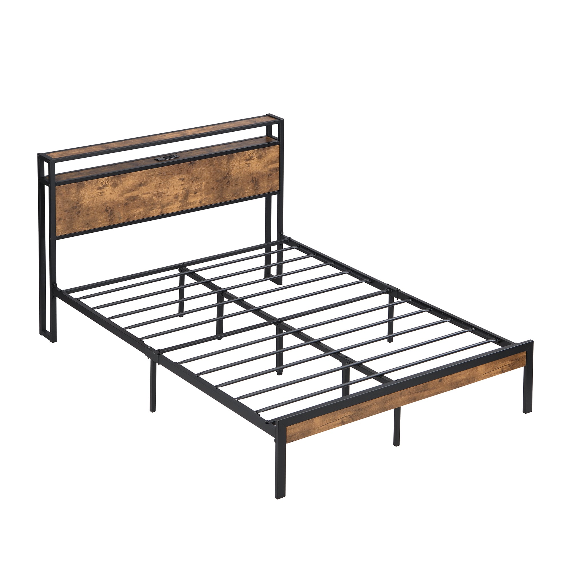 King Size Metal Platform Bed Frame with Wooden Headboard