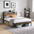 King Size Metal Platform Bed Frame with Wooden Headboard