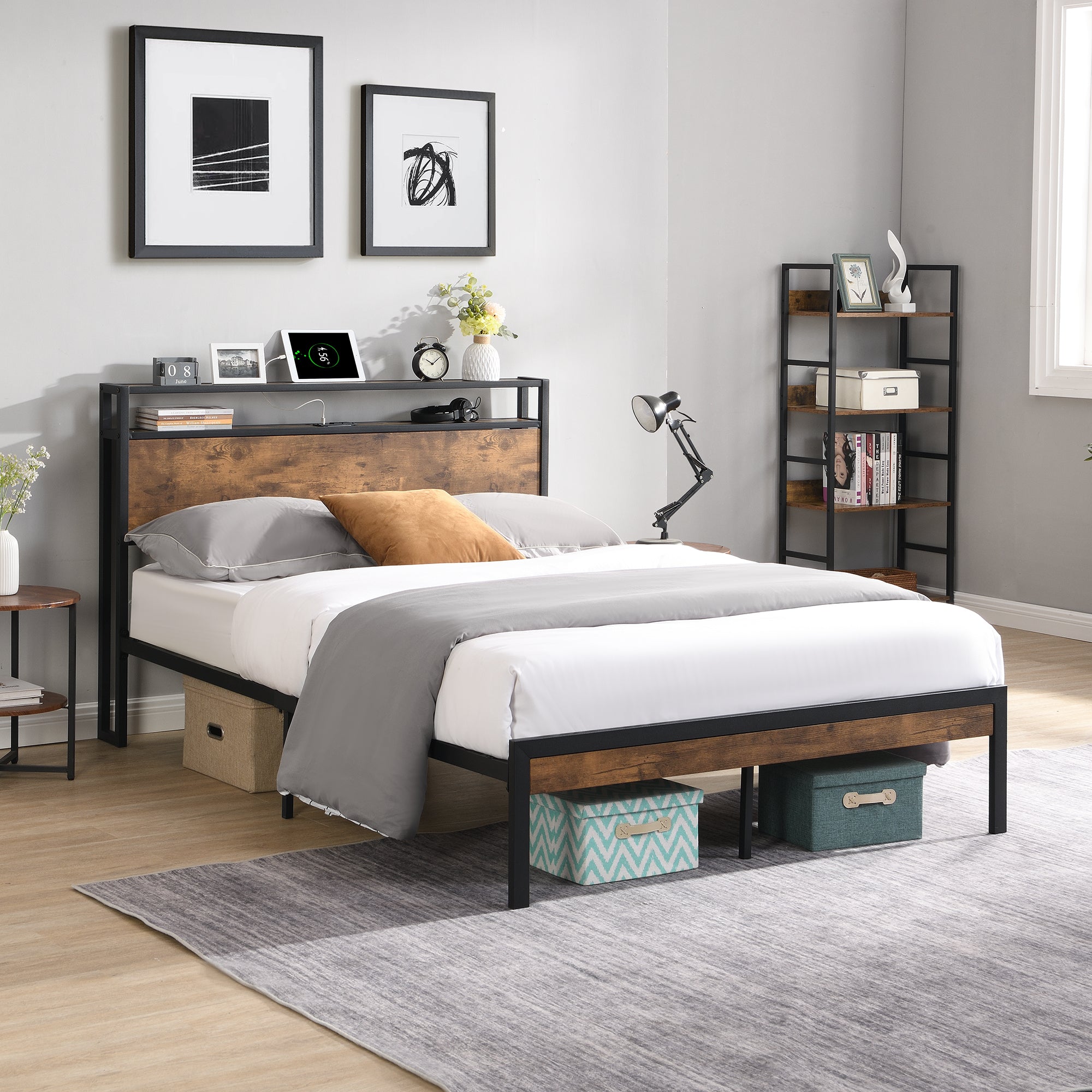 King Size Metal Platform Bed Frame with Wooden Headboard