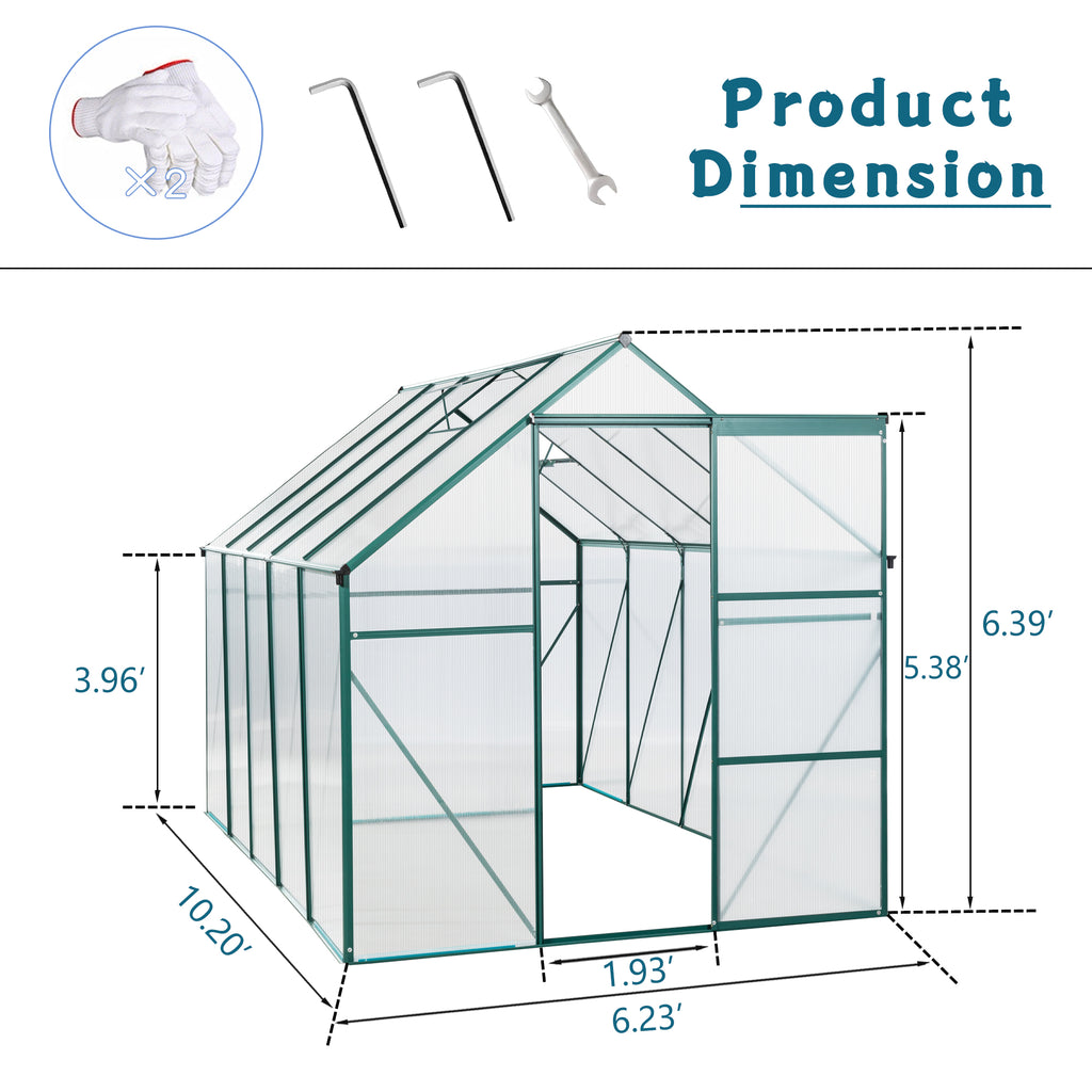 6X10FT Polycarbonate Greenhouse with Raised Base