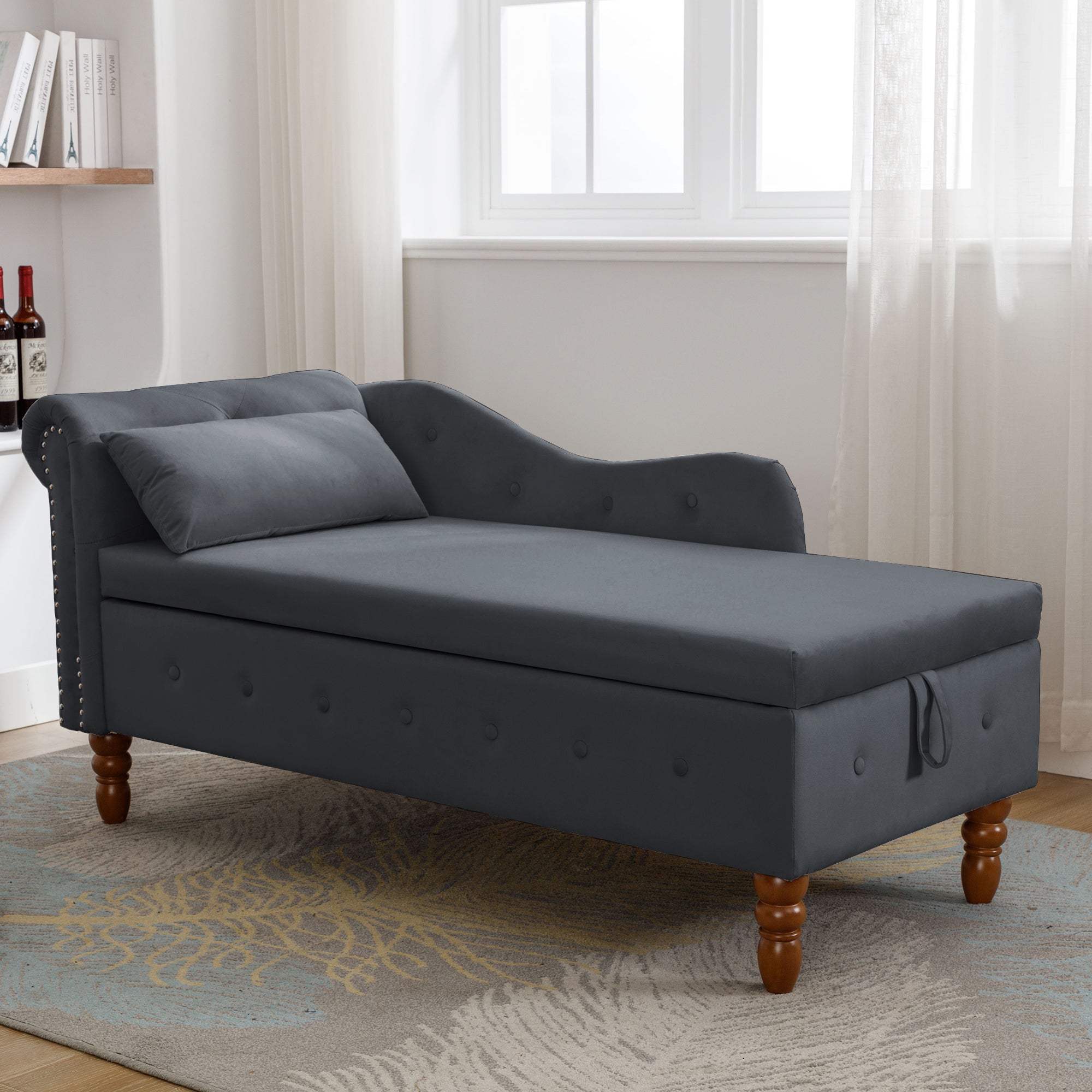Black Chaise Lounge Indoor with Storage & Pillow