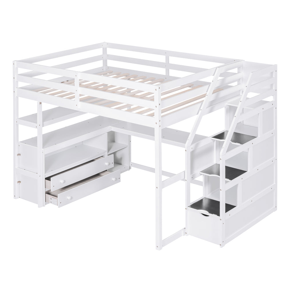 Full Size Loft Bed with Desk and Shelves