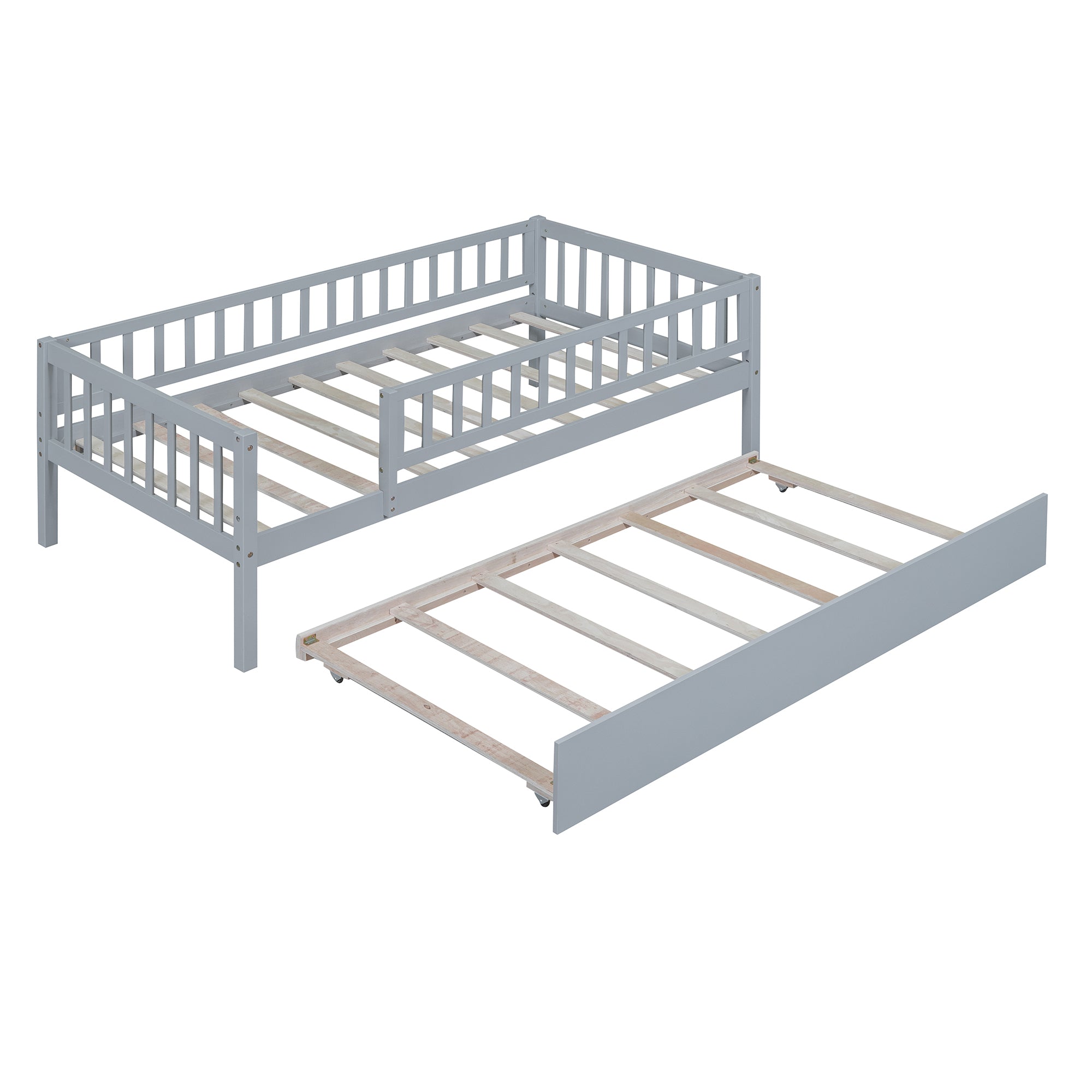 Twin Size Wood Daybed with Trundle and Fence Guardrails