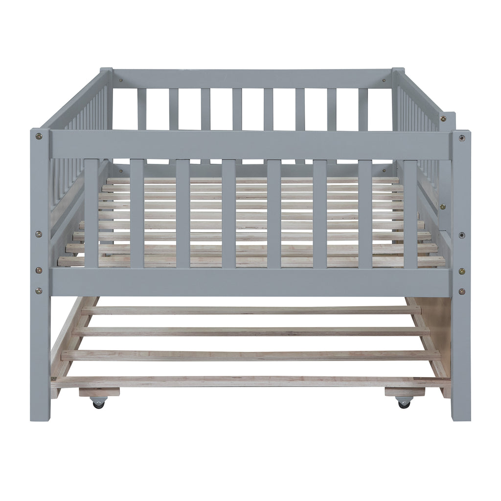 Twin Size Wood Daybed with Trundle and Fence Guardrails