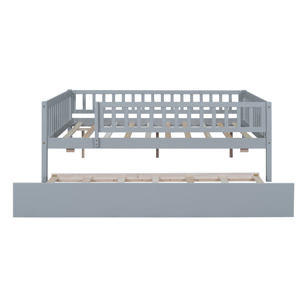 Full Size Wood Daybed with Trundle and Fence Guardrails