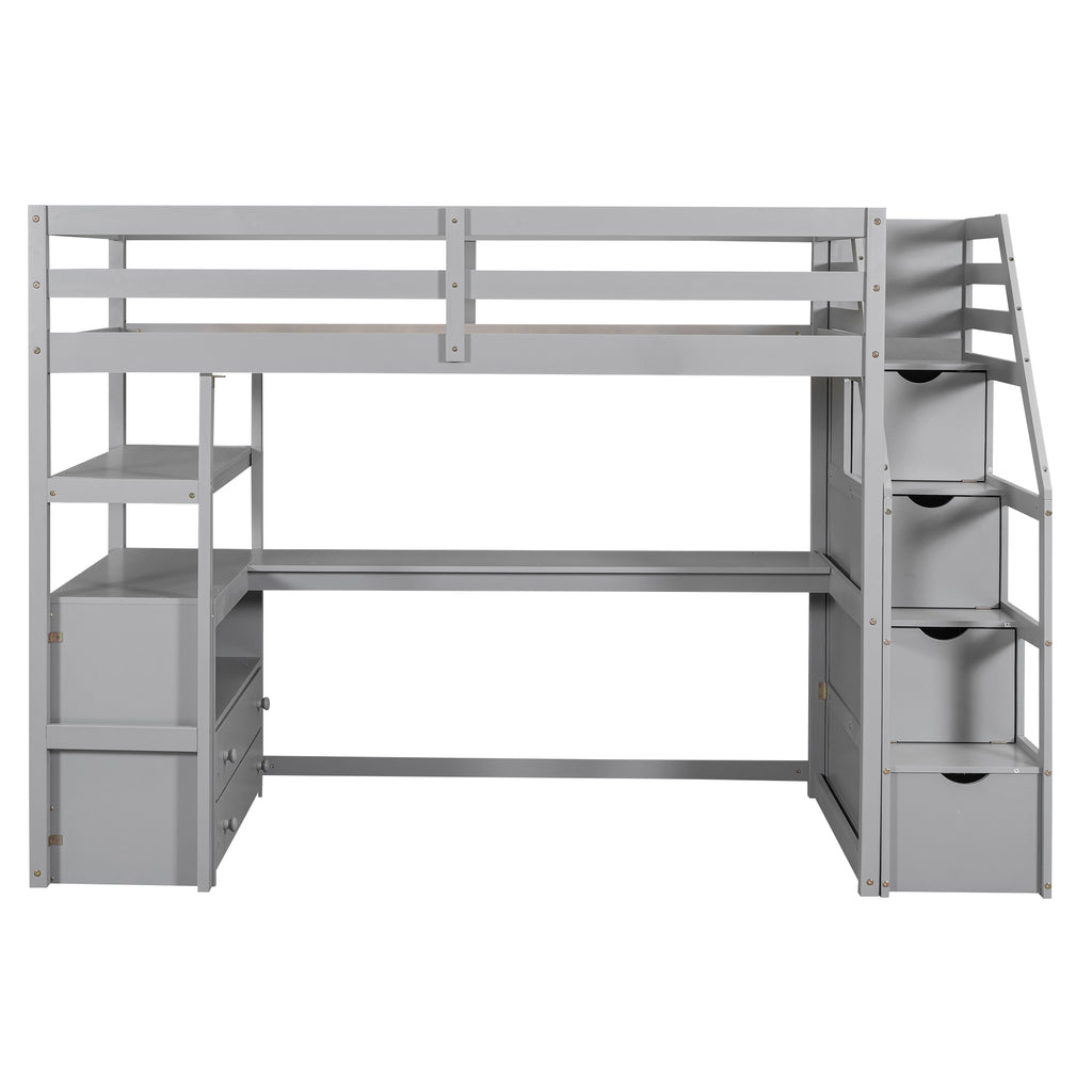 Twin Size Loft Bed with Desk and Shelves