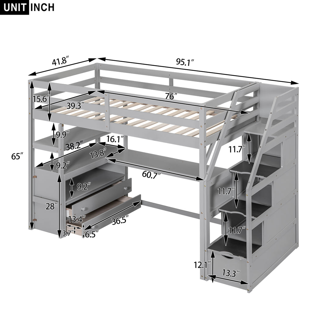 Twin Size Loft Bed with Desk and Shelves