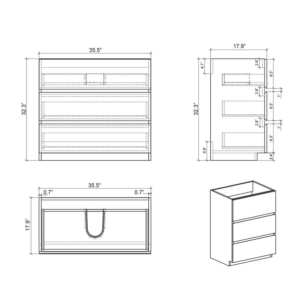 Alice Gray Floor Cabinet, 36 Inches, Three Drawers, No Basin