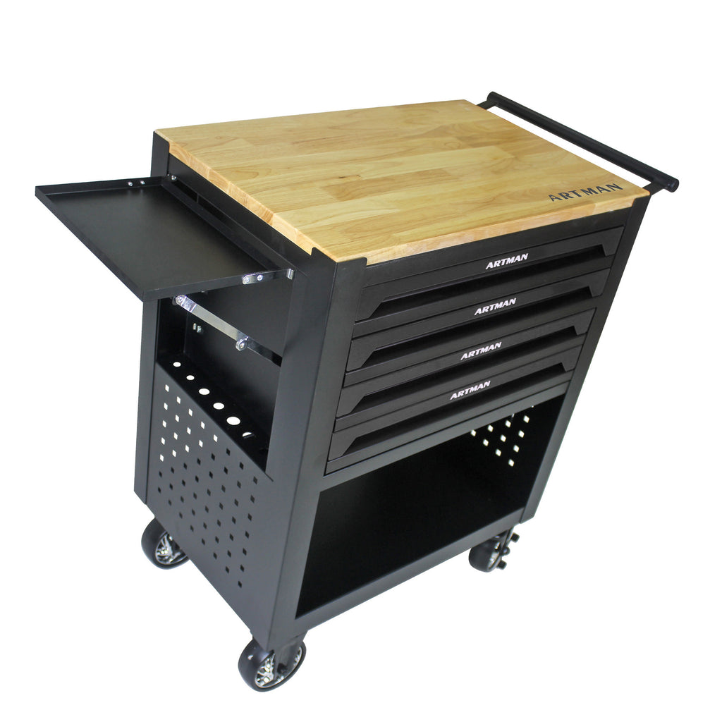 4 Drawers Multifunctional Tool Cart with Wheels and Wooden Top
