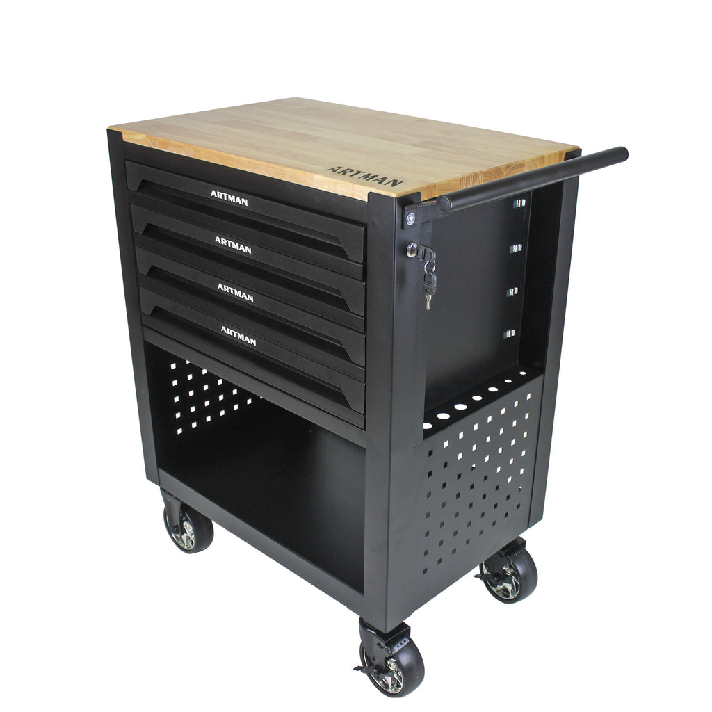 4 Drawers Multifunctional Tool Cart with Wheels and Wooden Top