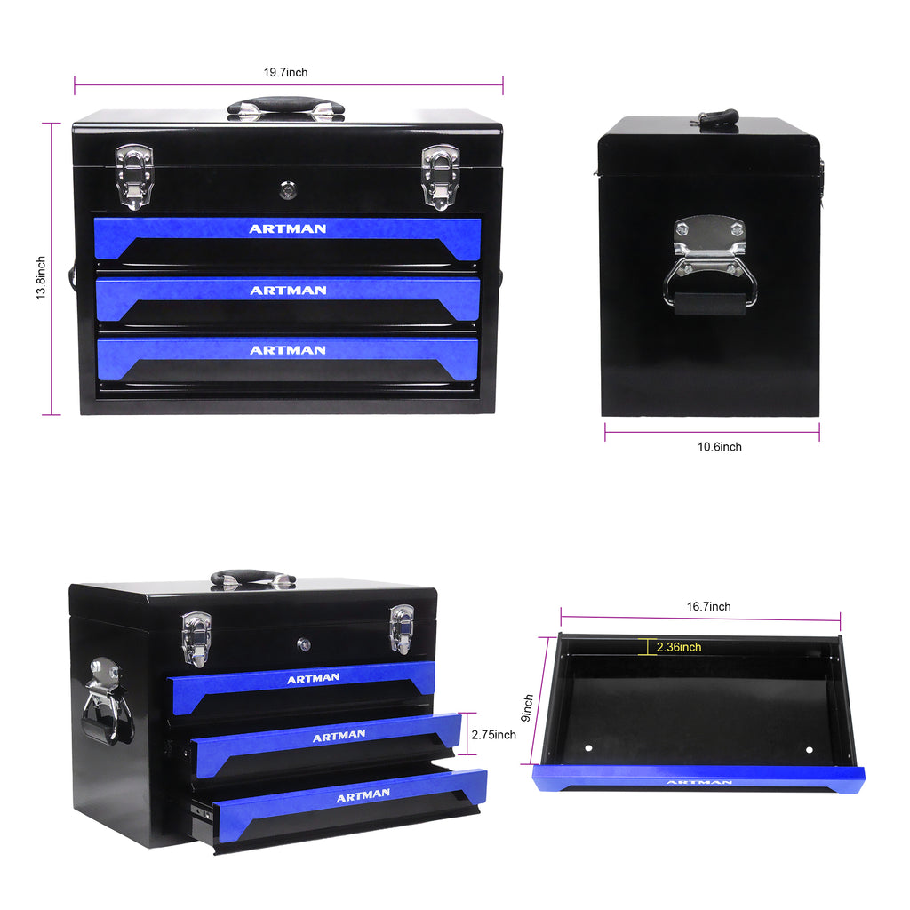 20'' Portable 3-Drawer Steel Toolbox