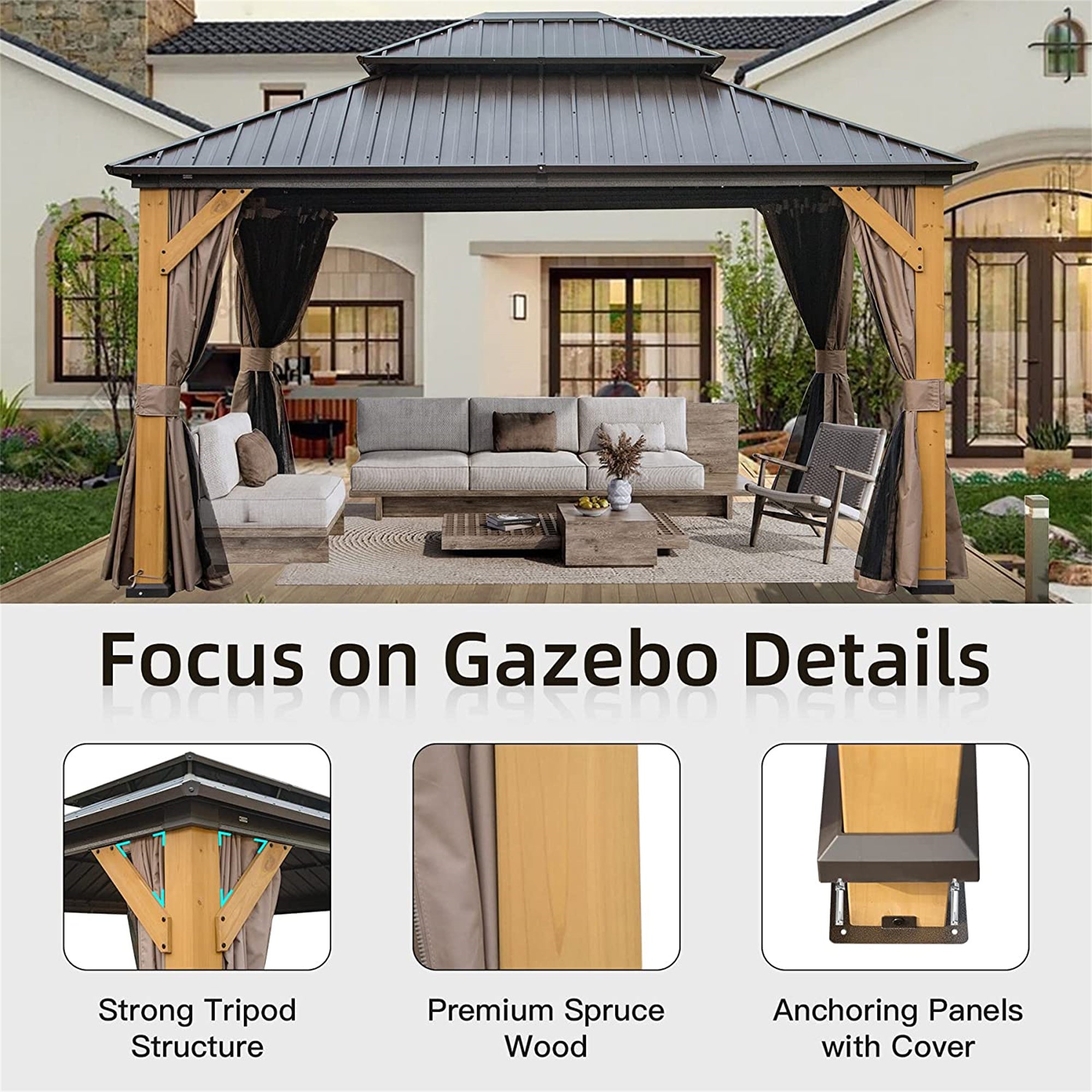 12'x14' Hardtop Gazebo - Cedar Wood Frame Canopy