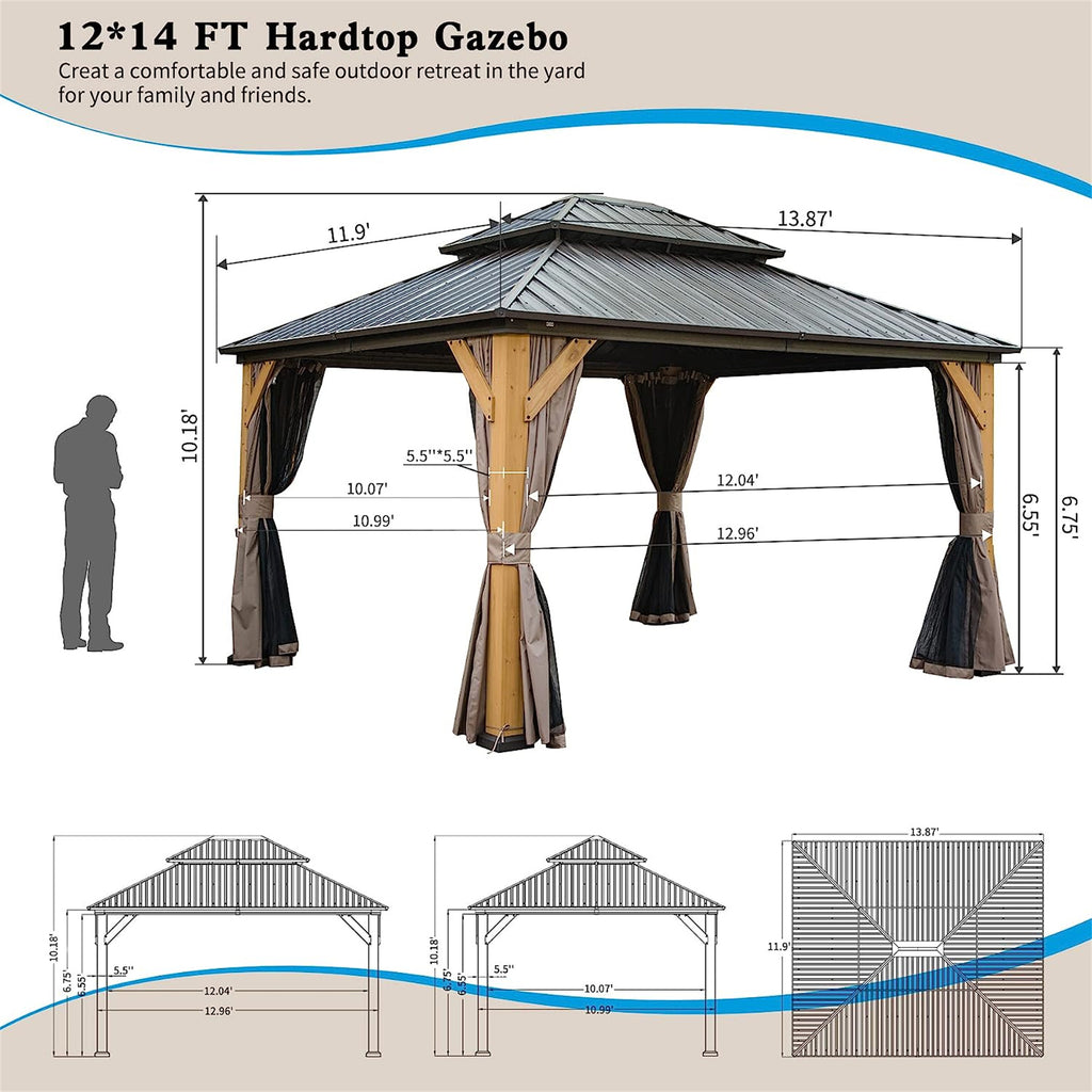 12'x14' Hardtop Gazebo - Cedar Wood Frame Canopy