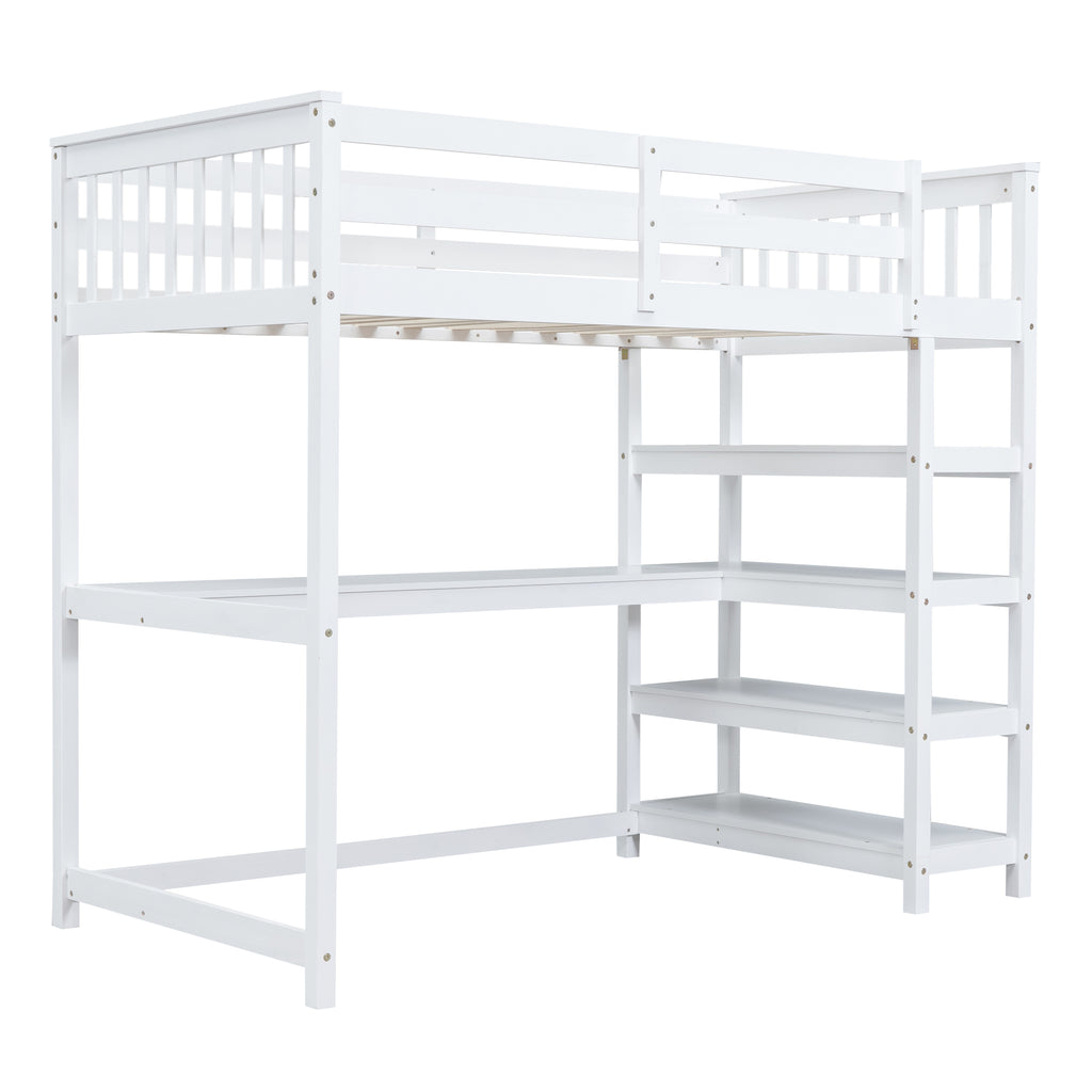 Twin Size Loft Bed with Storage Shelves and Under-bed Desk